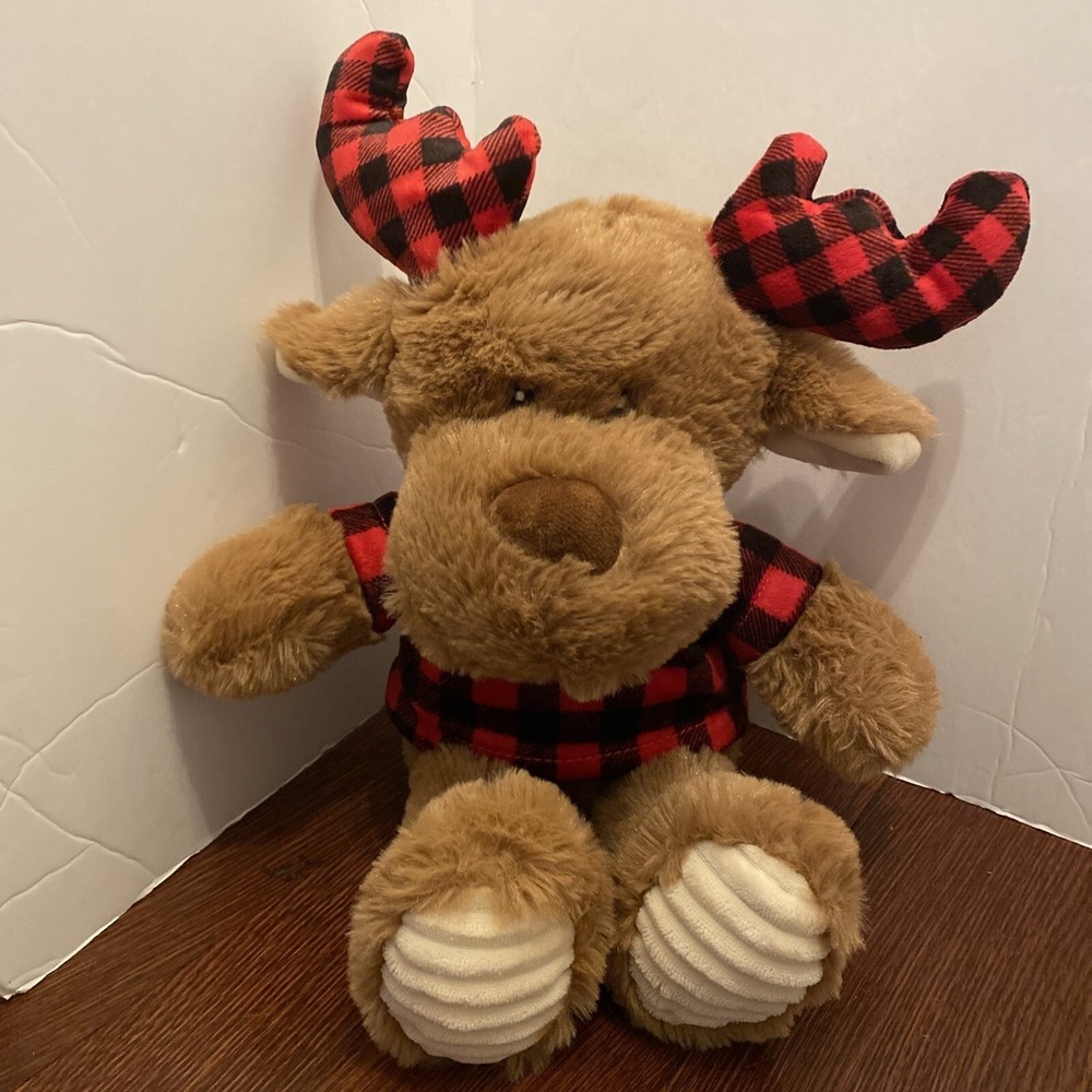 Spark Create Imagine Moose Rattle Crinkle Plush Stuffed Animal Red Plaid Brown